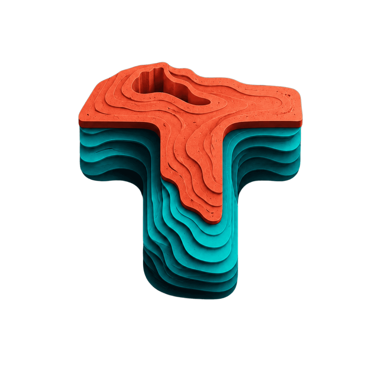 Isotipo Tuanis3D: una T topográfica impresa por capas en coral y turquesa